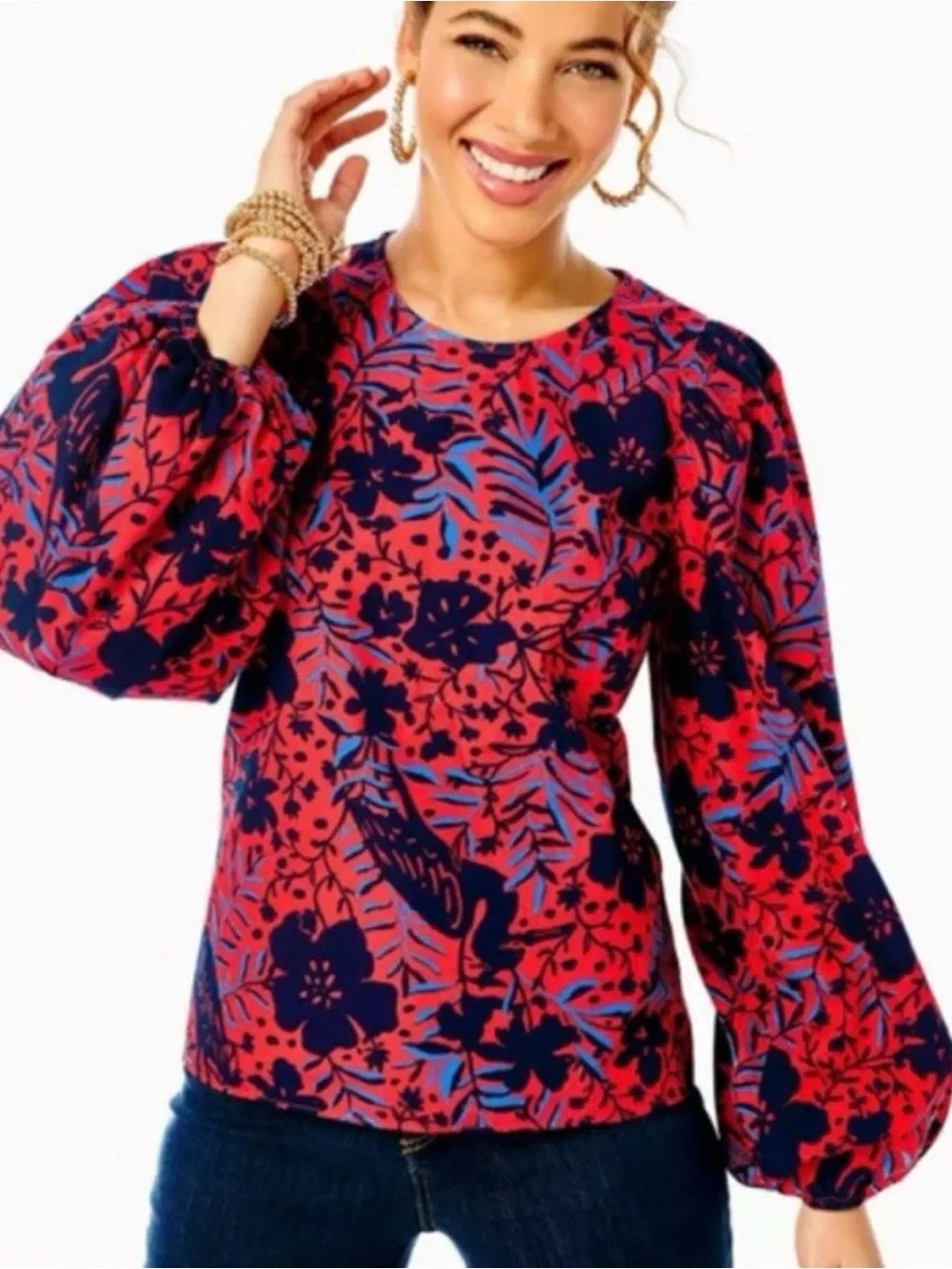 Lilly Pulitzer Lynnley Long Sleeve Blouse Red Blue Heron My Own Print XS